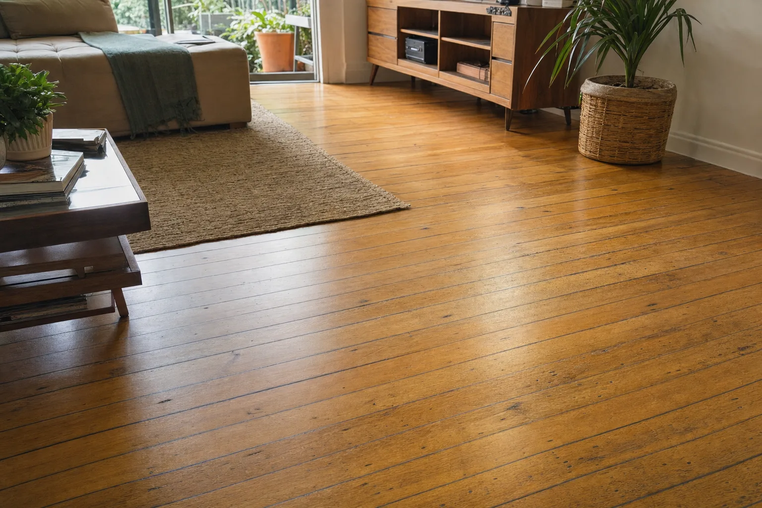 Sala com piso de madeira amarelado pelo verniz envelhecido e área mais clara sob um tapete