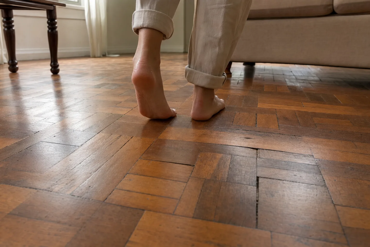 Pessoa caminhando sobre piso antigo de tacos de madeira com uma pequena peça desnivelada