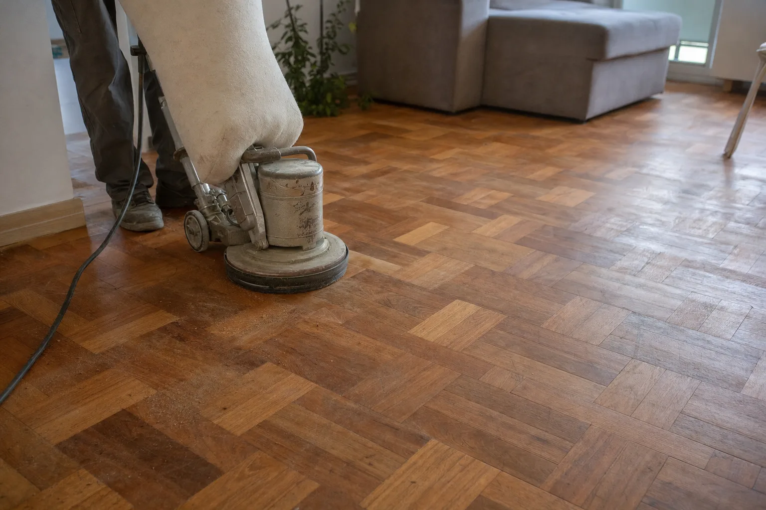 Parquet antigo de madeira com desenho geométrico, riscos leves e perda de brilho em apartamento residencial
